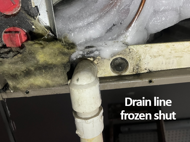 Fast ice melting is not good idea, the drain line in the frozen AC is completely shut